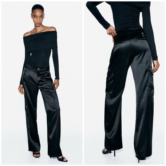 NWT ZARA Satin Effect Cargo Pants in Black Size L - Picture 1 of 6